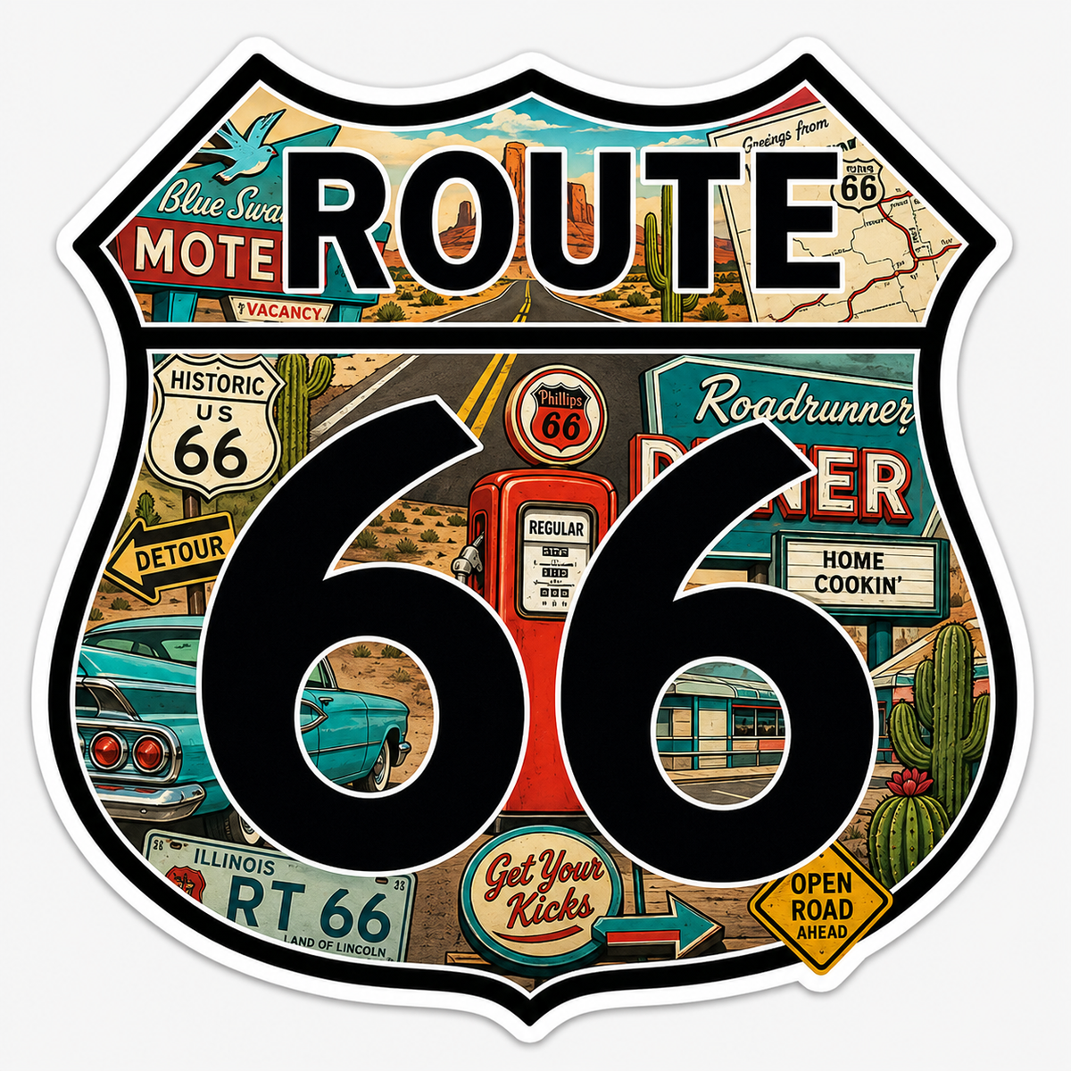 Route 66 Collage Shield Stickers – 2.5" Vinyl 10 Pack