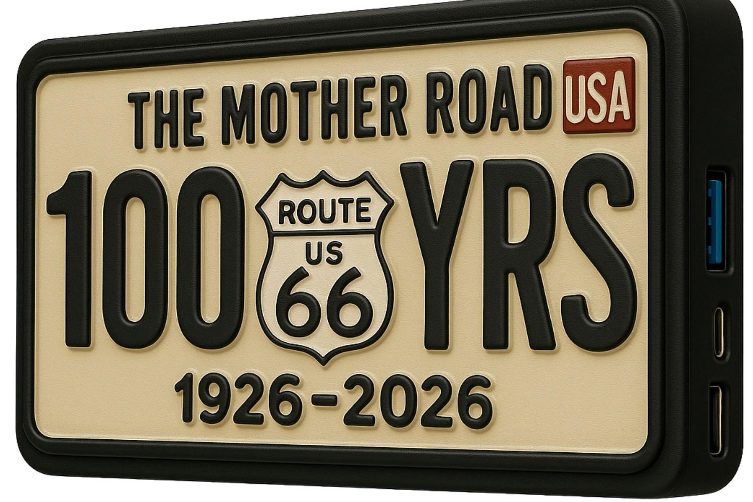 Power bank with 'The Mother Road USA' design featuring Route 66 on a beige background.